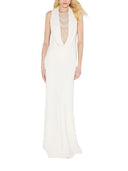 Rochie ELISABETTA FRANCHI, Red Carpet dress in lightweight crêpe fabric with embroideries, Alb