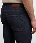 Jeans PAL ZILERI, navy blue cotton and silk denim with leather badge and metal logo