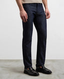 Jeans PAL ZILERI, navy blue cotton and silk denim with leather badge and metal logo
