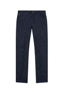 Jeans PAL ZILERI, navy blue cotton and silk denim with leather badge and metal logo