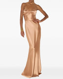 Rochie ELISABETTA FRANCHI, Red Carpet dress in satin fabric, Nude