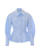 Camasa ELISABETTA FRANCHI, Cotton poplin shirt with flounce, Albastru