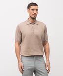 STEFANO RICCI, Cotton and silk knit zip-up polo shirt, Beige