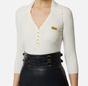 Bluza ELISABETTA FRANCHI, Micro-braided knit polo shirt, Alb