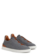 Sneakers Zegna, Low Top, Triple Stitch, Brown Details, Wool, Grey