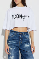 Tricou DSQUARED2, ICONique Cropped Loose Fit T-Shirt, Alb