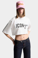 Tricou DSQUARED2, ICONique Cropped Loose Fit T-Shirt, Alb