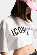 Tricou DSQUARED2, ICONique Cropped Loose Fit T-Shirt, Alb