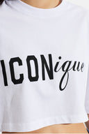 Tricou DSQUARED2, ICONique Cropped Loose Fit T-Shirt, Alb