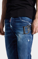 JEANS DSQUARED2, Dark Midnight Blue Wash, Logo piele, Skater Fit