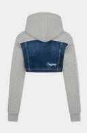 Hanorac DSQUARED2, Medium Ripped Wash Denim Mix Cropped Hybrid Hoodie