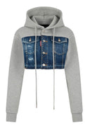Hanorac DSQUARED2, Medium Ripped Wash Denim Mix Cropped Hybrid Hoodie