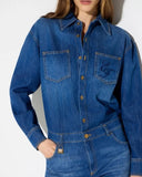 Salopeta ELISABETTA FRANCHI, Denim jumpsuit with jewel padlock