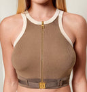 Top ELISABETTA FRANCHI, Knit fabric top with shiny viscose bands, Maro