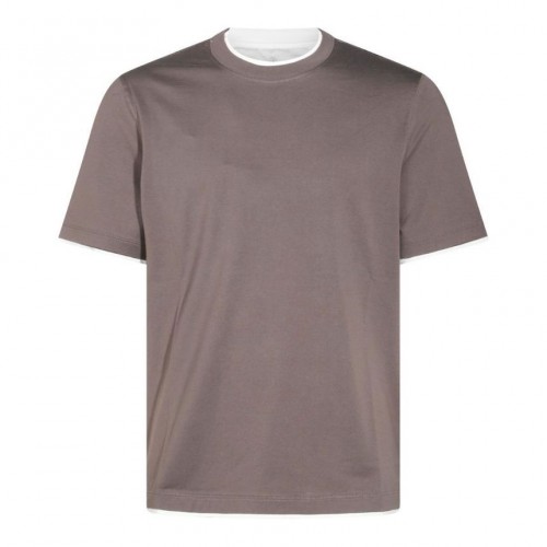 Tricou BRUNELLO CUCINELLI,Beige cotton T-shirt with contrast trims Tricou BRUNELLO CUCINELLI,Beige cotton T-shirt with contrast trims