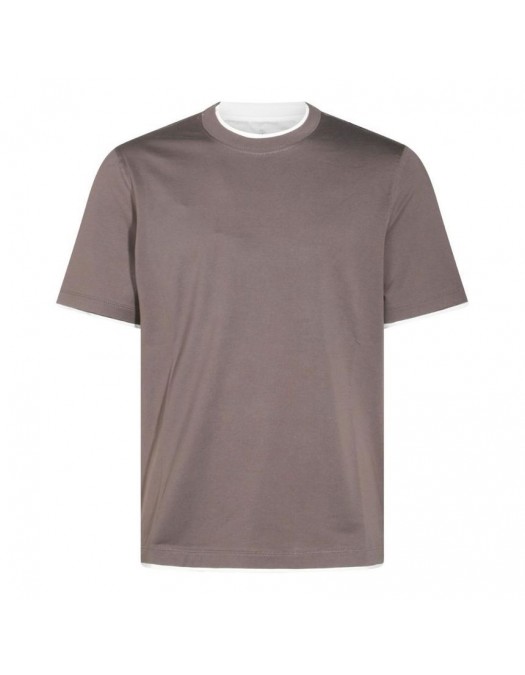 Tricou BRUNELLO CUCINELLI,Beige cotton T-shirt with contrast trims - M0B137427CZM82 Tricou BRUNELLO CUCINELLI,Beige cotton T-shirt with contrast trims - M0B137427CZM82
