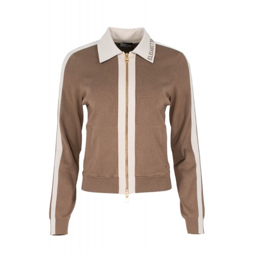 Cardigan ELISABETTA FRANCHI, Knit fabric jacket with shiny viscose bands, Beige