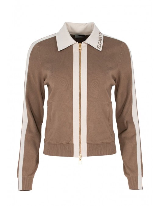 Cardigan ELISABETTA FRANCHI, Knit fabric jacket with shiny viscose bands, Beige - MK66S61E2727