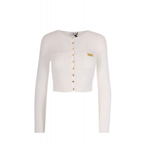 Cardigan ELISABETTA FRANCHI, Micro-braided knit cardigan, Alb