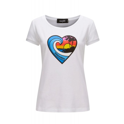 Tricou DSQUARED2, Heart Multicolor Print, White