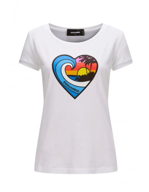 Tricou DSQUARED2, Heart Multicolor Print, White - S72GD0522S24668100