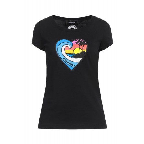 Tricou DSQUARED2, Heart Multicolor Print, Black