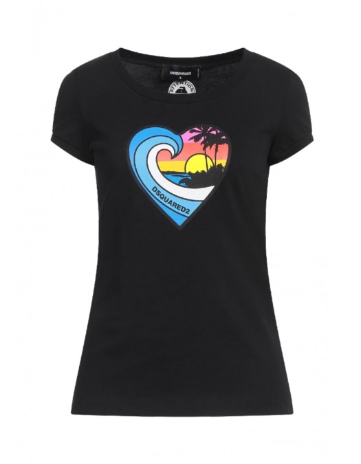 Tricou DSQUARED2, Heart Multicolor Print, Black - S72GD0522S24668900