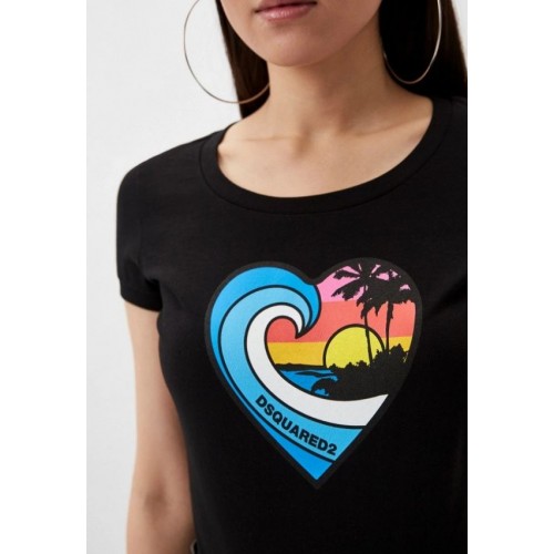 Tricou DSQUARED2, Heart Multicolor Print, Black