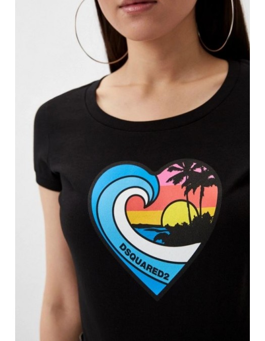 Tricou DSQUARED2, Heart Multicolor Print, Black - S72GD0522S24668900