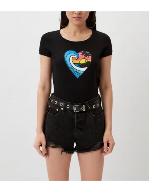 Tricou DSQUARED2, Heart Multicolor Print, Black - S72GD0522S24668900