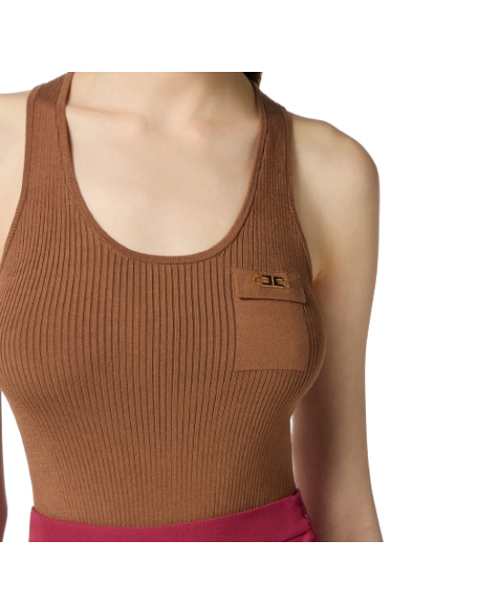 TOP ELISABETTA FRANCHI,Top in ribbed knit fabric with breast pocket, Brown - TK53B56E2EC1 TOP ELISABETTA FRANCHI,Top in ribbed knit fabric with breast pocket, Brown - TK53B56E2EC1