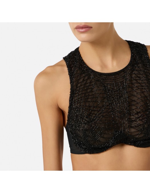 TOP ELISABETTA FRANCHI, tulle fabric, Cristale inserate, Negru - TO04361E2110