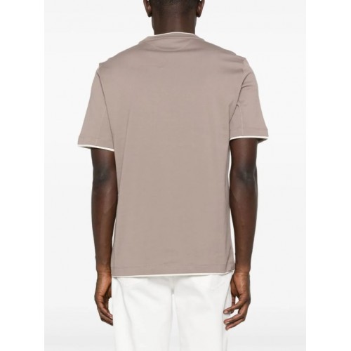 Tricou BRUNELLO CUCINELLI,Beige cotton T-shirt with contrast trims Tricou BRUNELLO CUCINELLI,Beige cotton T-shirt with contrast trims