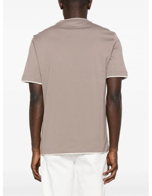 Tricou BRUNELLO CUCINELLI,Beige cotton T-shirt with contrast trims - M0B137427CZM82 Tricou BRUNELLO CUCINELLI,Beige cotton T-shirt with contrast trims - M0B137427CZM82