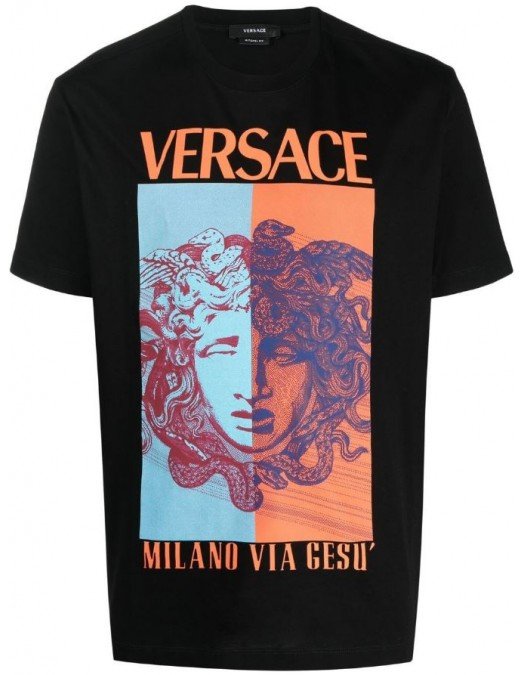 Tricou VERSACE, Medusa Print, Milano Via Gesu, Negru - 10084911A060701B000