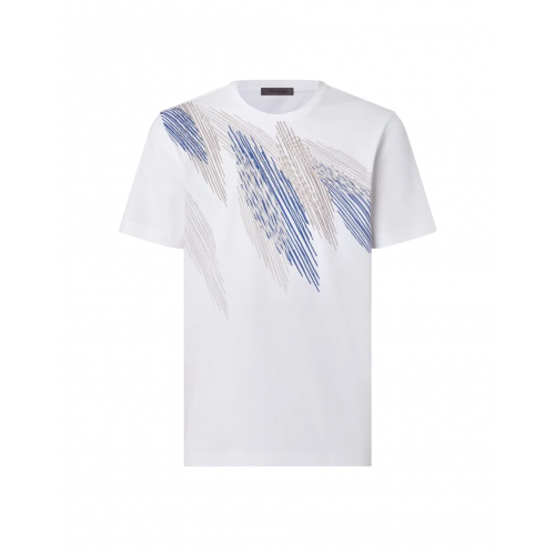 TRICOU CORNELIANI, Crew Neck, Cotton, Stretch, Blue Print, White TRICOU CORNELIANI, Crew Neck, Cotton, Stretch, Blue Print, White