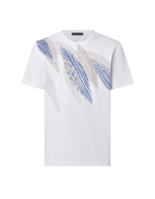 TRICOU CORLEANI, Crew Neck, Cotton, Stretch, Blue Print, White - 25G5892525065028 TRICOU CORLEANI, Crew Neck, Cotton, Stretch, Blue Print, White - 25G5892525065028