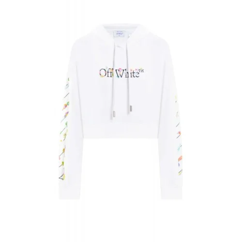Hanorac OFF WHITE , White cropped hoodie with floral logo print