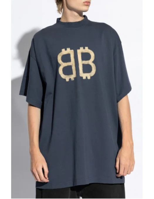 Tricou Balenciaga, Logo Insert BB, Oversized, Blue - 739028TOVU64108