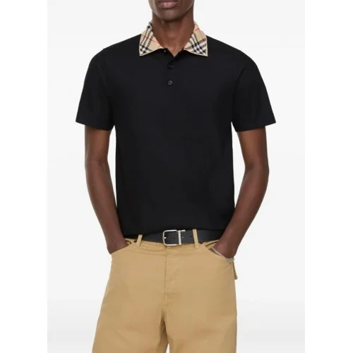 Tricou BURBERRY, Check-collar cotton polo shirt, Negru