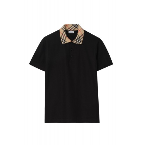 Tricou BURBERRY, Check-collar cotton polo shirt, Negru