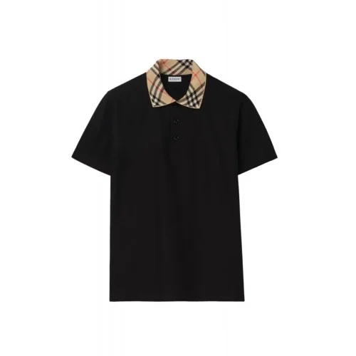 Tricou BURBERRY, Check-collar cotton polo shirt, Negru