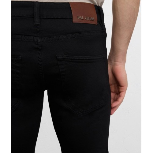 Jeans PAL ZILERI, black cotton and elastane denim with leather badge and metal logo
