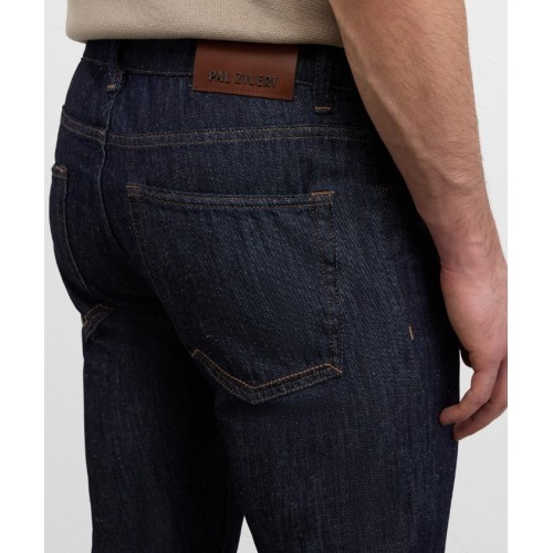 Jeans PAL ZILERI, navy blue cotton and silk denim with leather badge and metal logo