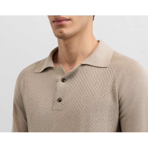 Tricou PAL ZILERI, light brown silk and cotton knitted short sleeved polo shirt with buttons