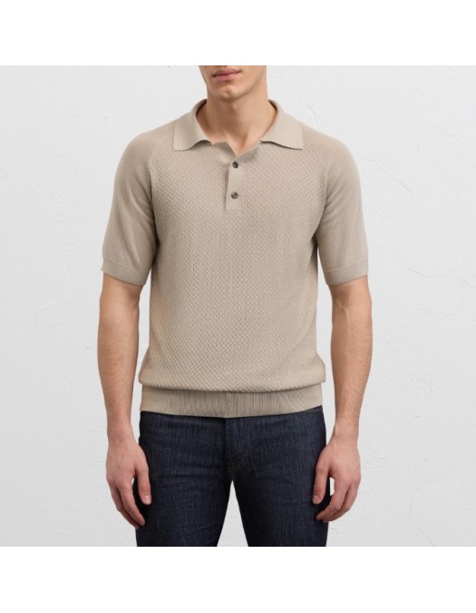 Tricou PAL ZILERI, light brown silk and cotton knitted short sleeved polo shirt with buttons - 9C3M0M328SM73037