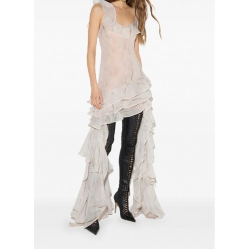 Rochie ELISABETTA FRANCHI, georgette-fabric with feather-print, Alb