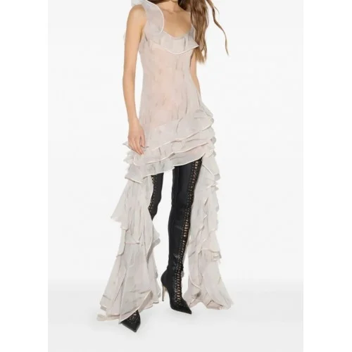 Rochie ELISABETTA FRANCHI, georgette-fabric with feather-print, Alb
