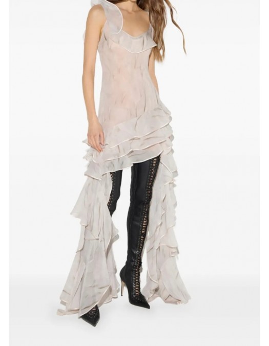 Rochie ELISABETTA FRANCHI, georgette-fabric with feather-print, Alb - AB01967E2193