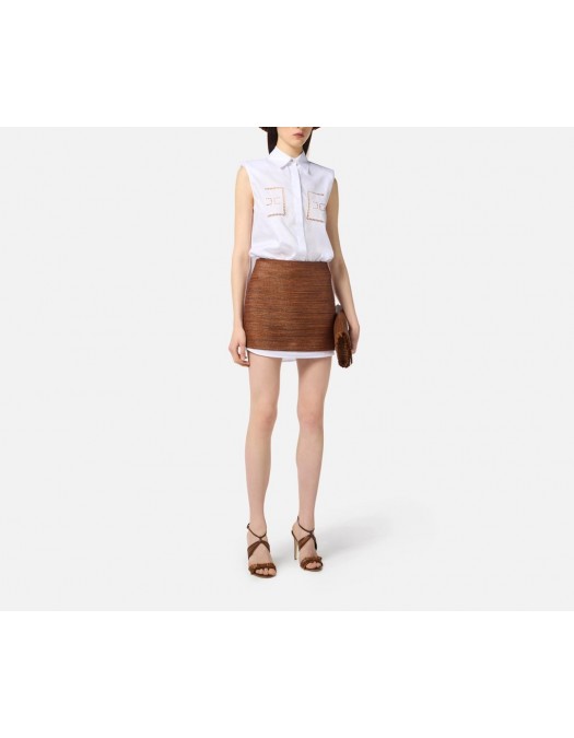 CAMASA ELISABETTA FRANCHI, Openwork Embroideries, Raffia, White Brown - AB83355E3123 CAMASA ELISABETTA FRANCHI, Openwork Embroideries, Raffia, White Brown - AB83355E3123
